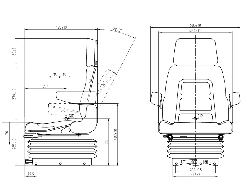 Geveerde tractorstoel E85/H90 PVC