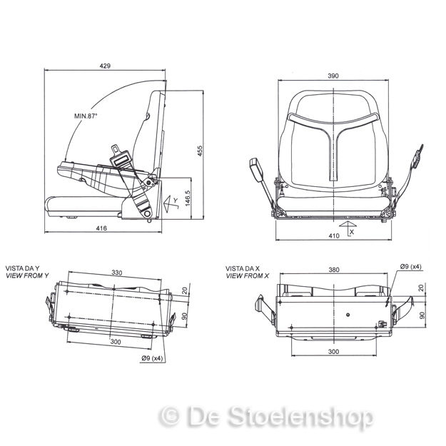 Opklapbare bijrijdersstoel met neerklapbare rugleuning 41 cm